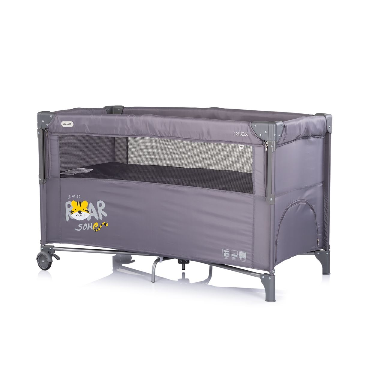 Chipolino Reisebett Relax 2 Ebenen, Vorderseite absenkbar, Seiteneingang, Tasche schwarz grau 