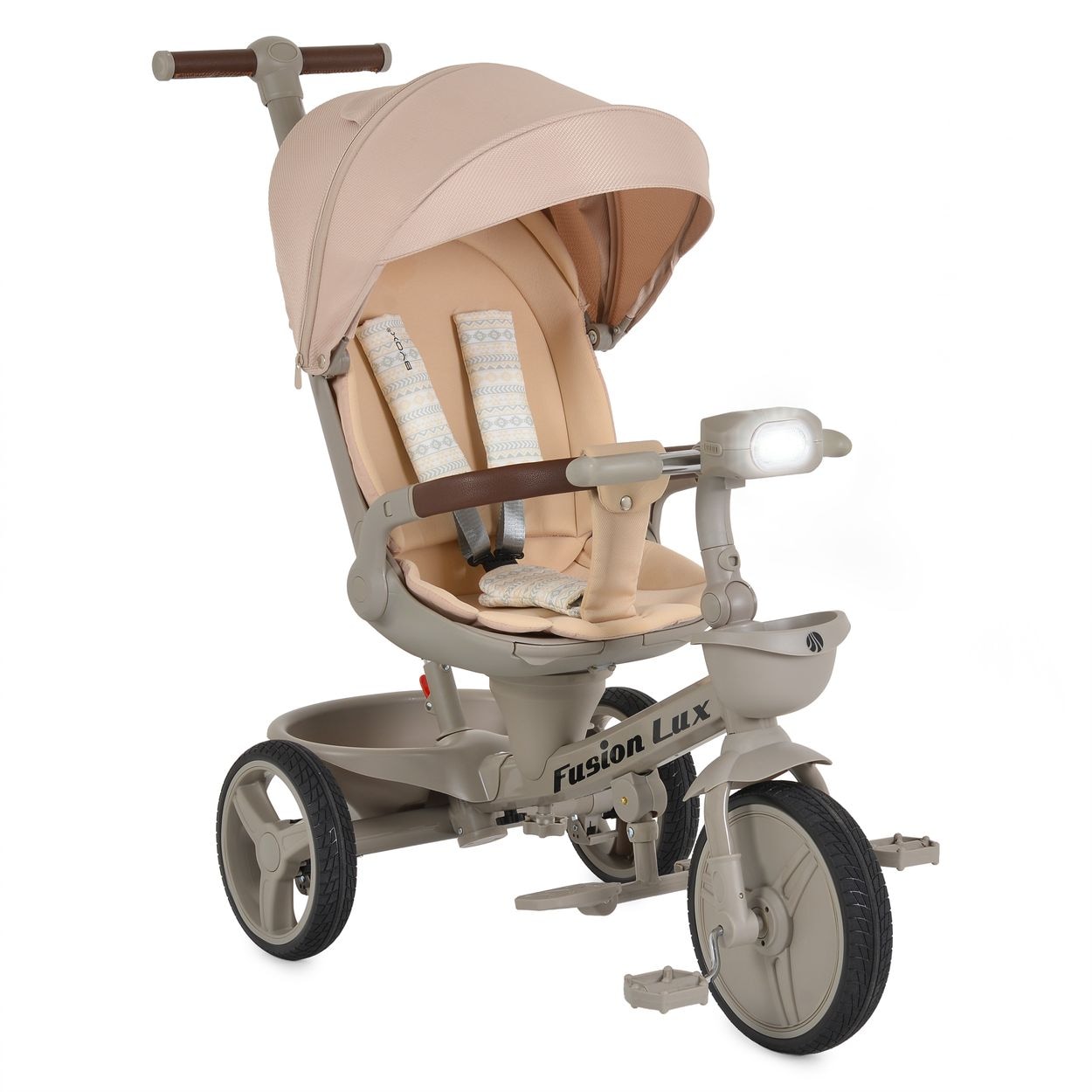 Byox Dreirad Fusion Lux Musik Scheinwerfer PU-Reifen Hinterradbremsen Korb Gurt beige