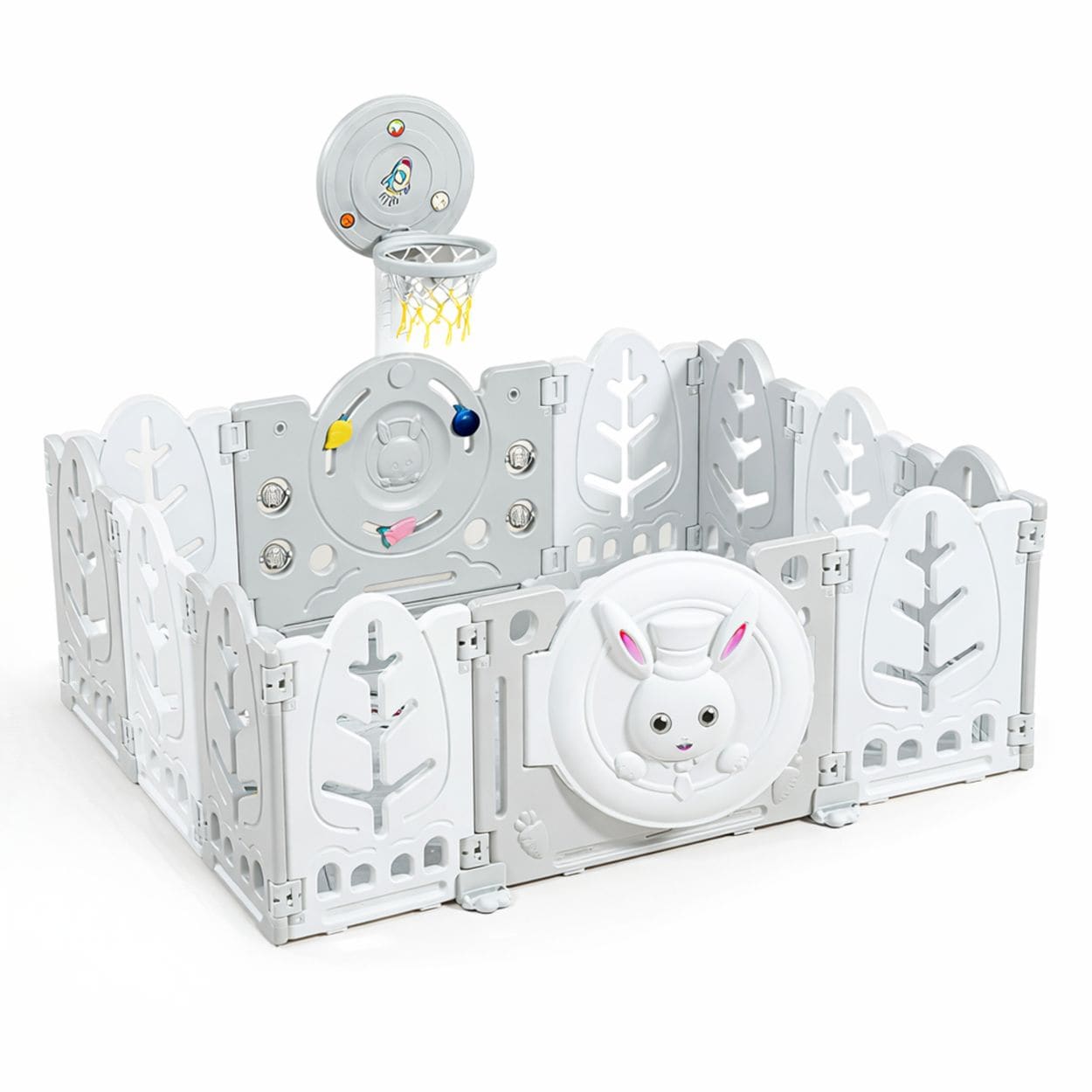 Moni Laufstall white Rabbit 160 x 115 cm Basketballkorb 50 B&auml;lle Matte klappbar wei&szlig; 