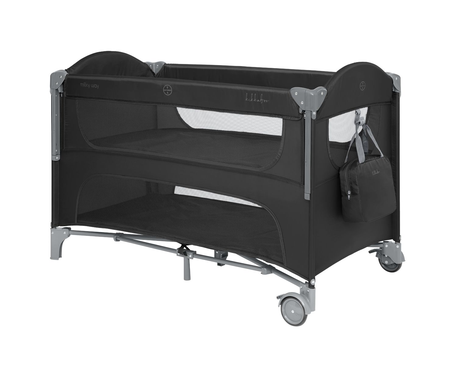 Kikkaboo Reisebett Milky Way, 2 Ebenen, seitliche &Ouml;ffnung, 2 R&auml;der, Netzfenster schwarz 