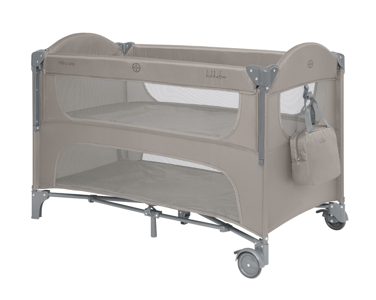 Kikkaboo Reisebett Milky Way, 2 Ebenen, seitliche &Ouml;ffnung, 2 R&auml;der, Netzfenster beige/braun 
