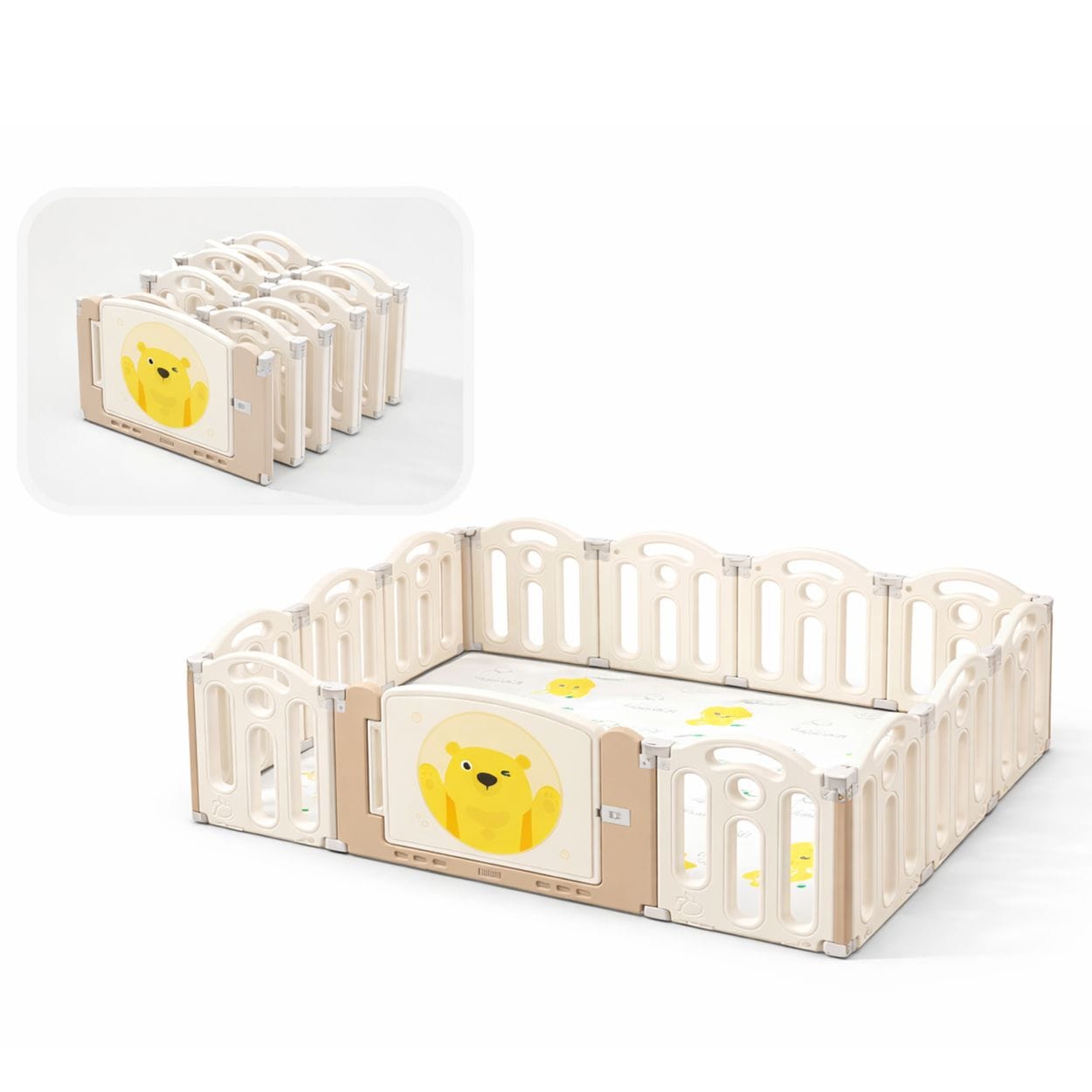 Moni Laufstall Teddy Land 160 x 120 cm Matte 13 teilig faltbar Saugn&auml;pfe T&uuml;r beige 