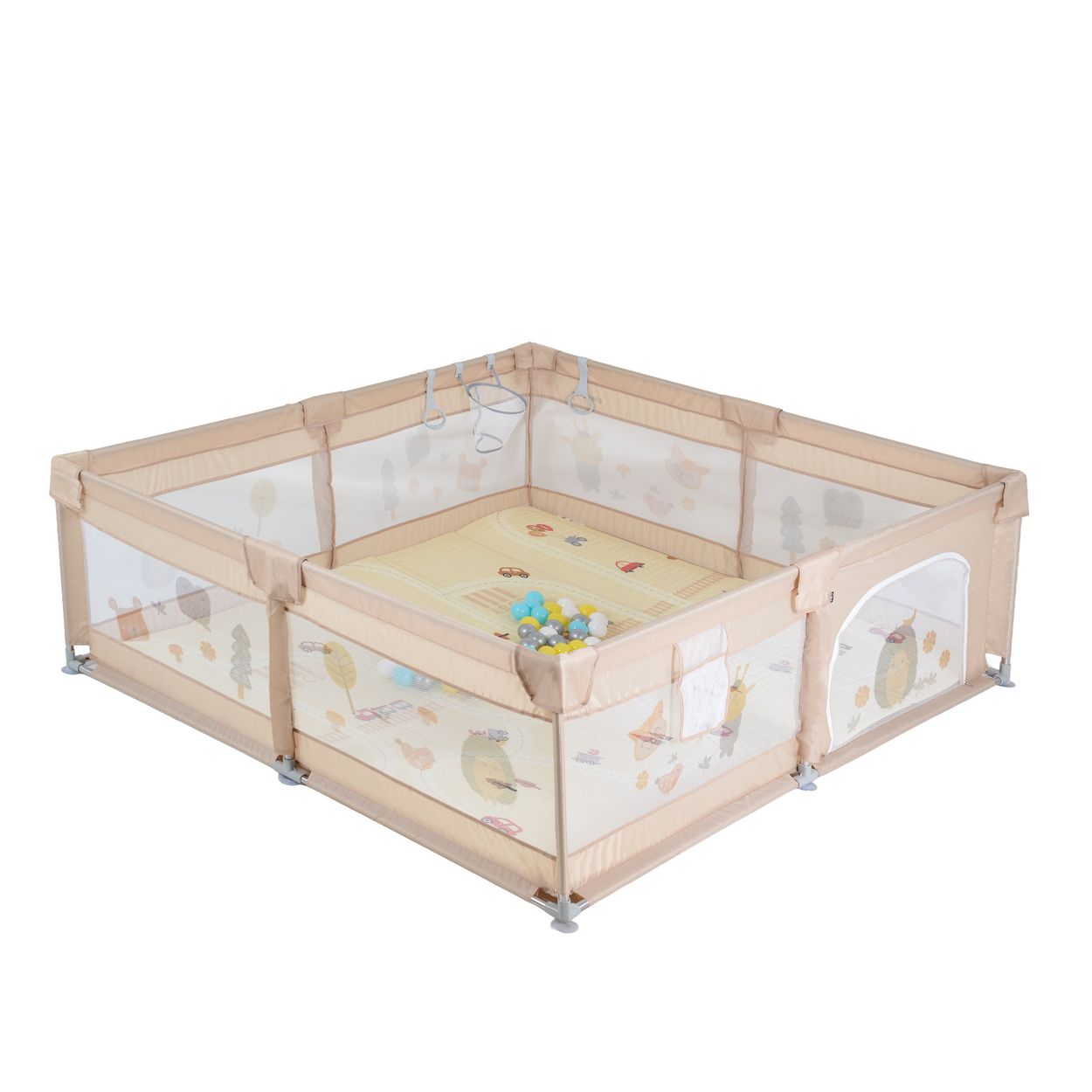 Moni Laufstall GameZone 180 x 200 cm, klappbar, B&auml;llebad, Basketballkorb, Spielmatte beige-wei&szlig; 