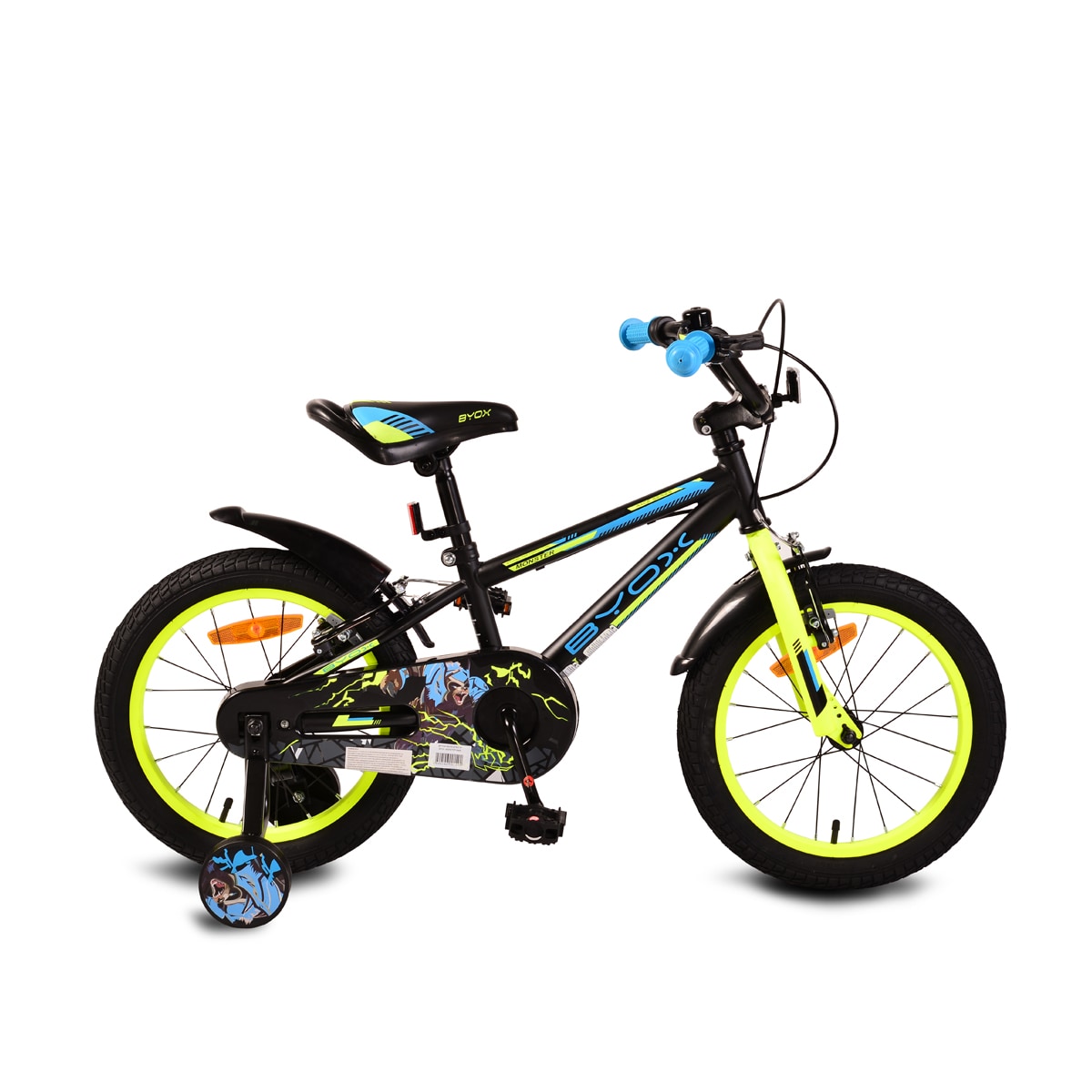 Byox Kinderfahrrad Monster 16 Zoll schwarz, St&uuml;tzr&auml;der, Metall-Rahmen, Klingel 