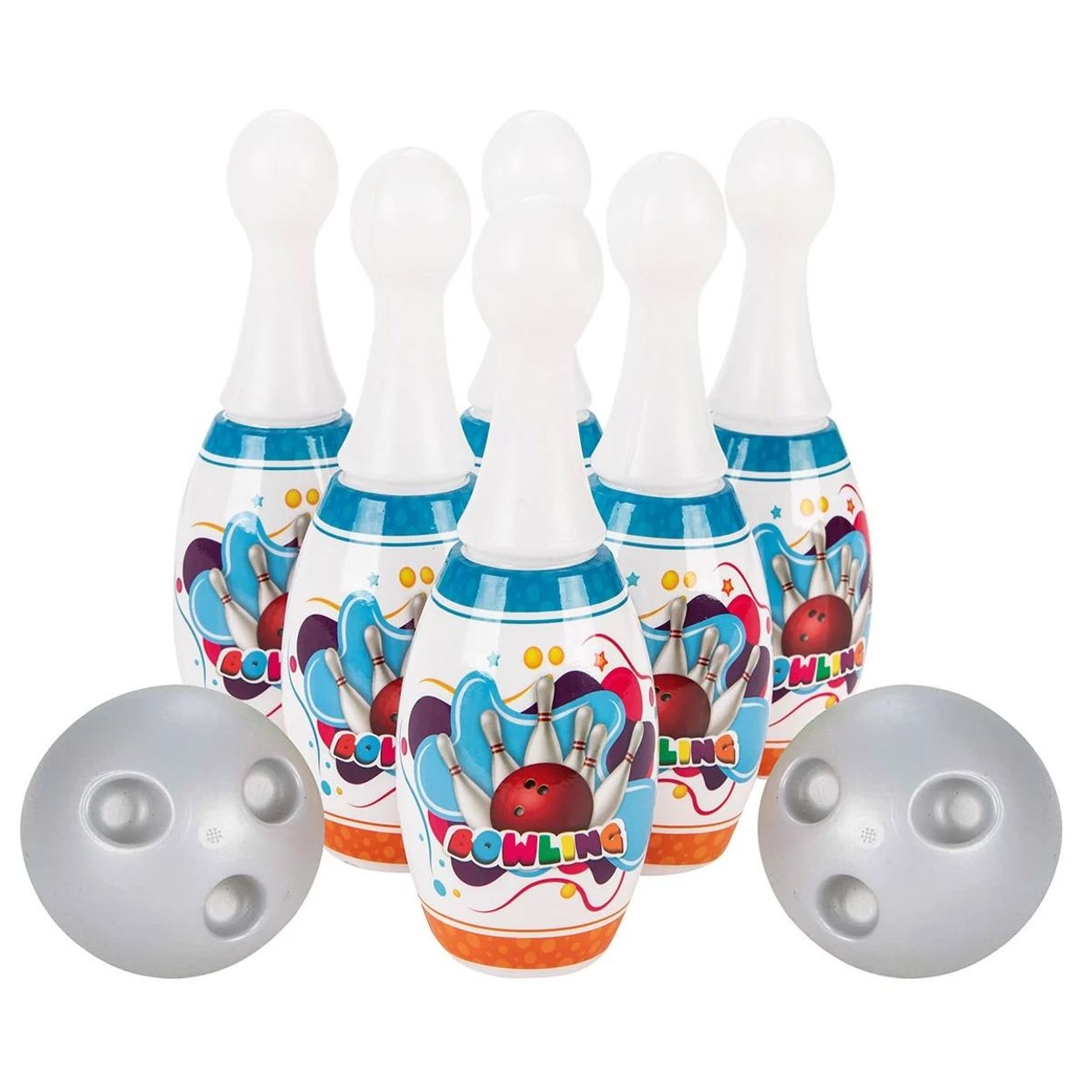 Pilsan Bowling Mini 06422, Kinder Bowlingspiel mit 6 bunte Kegeln und 2 Kugeln 