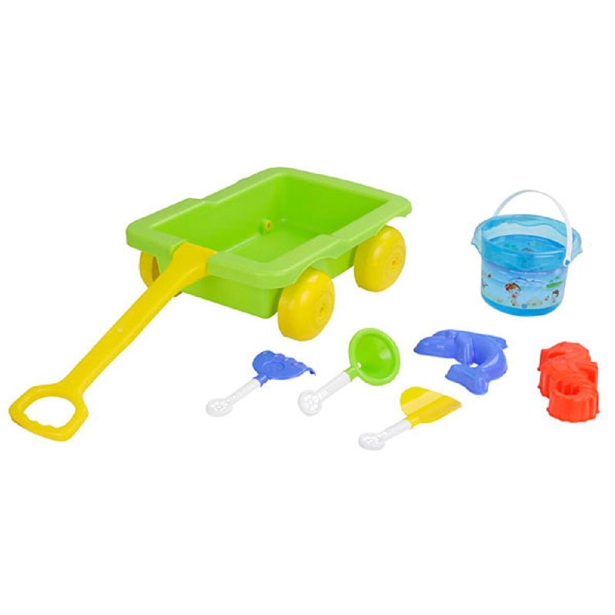 06112 Sandspielzeug Set mit Ziehwagen, Eimer, Förmchen, Schaufeln, Rechen