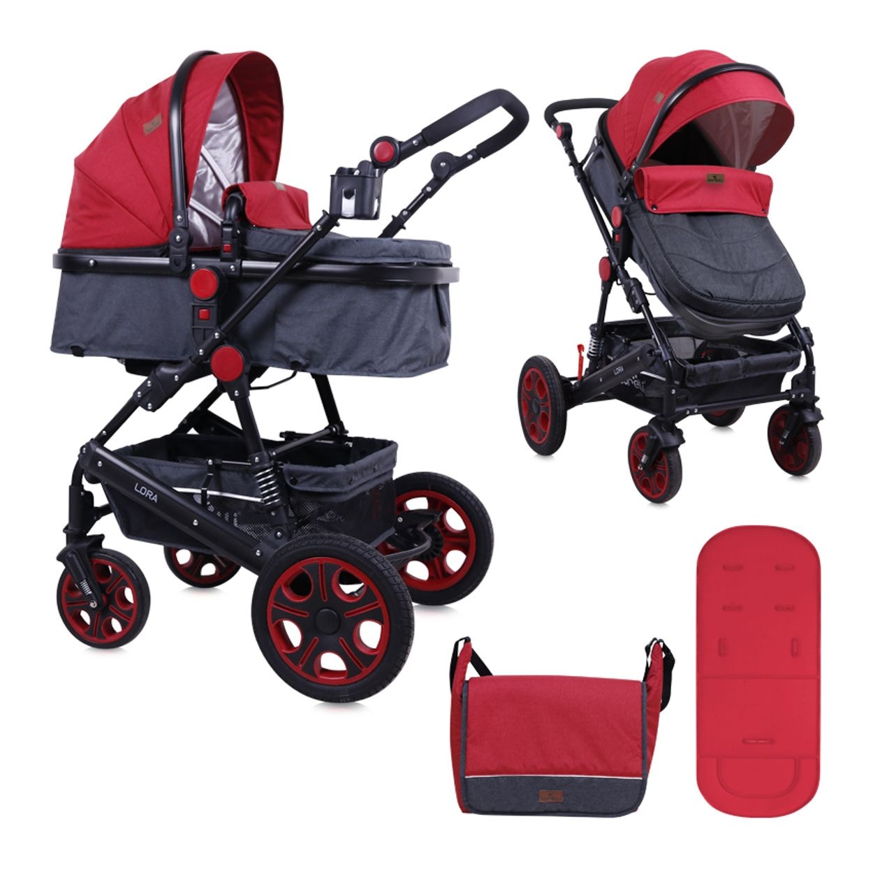 Lorelli Kinderwagen Lora faltbar Gummir&auml;der Tragetasche Sportsitz Fu&szlig;abdeckung rot 