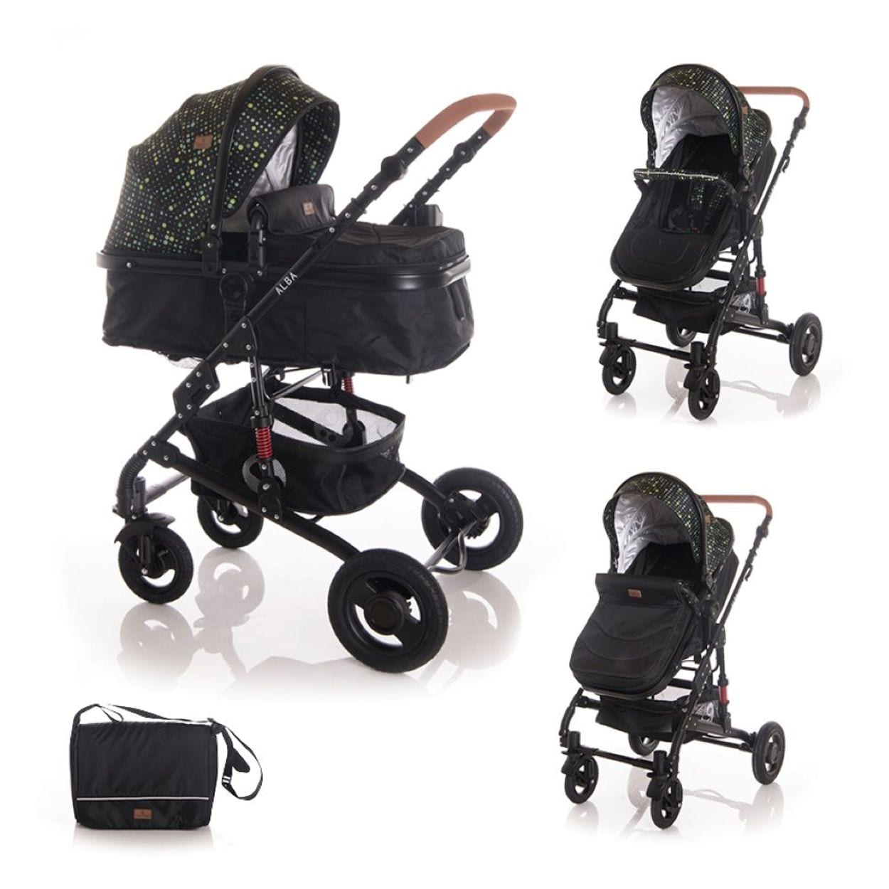 Lorelli Kinderwagen Alba 2 in 1 Sportsitz Babywanne Gummireifen, einstellbar in schwarz 