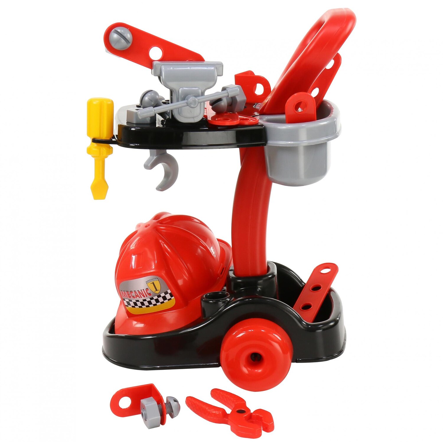 Polesie Kinder Mechaniker-Set 36612 Werkzeugwagen Zange Schraubenzieher Helm rot