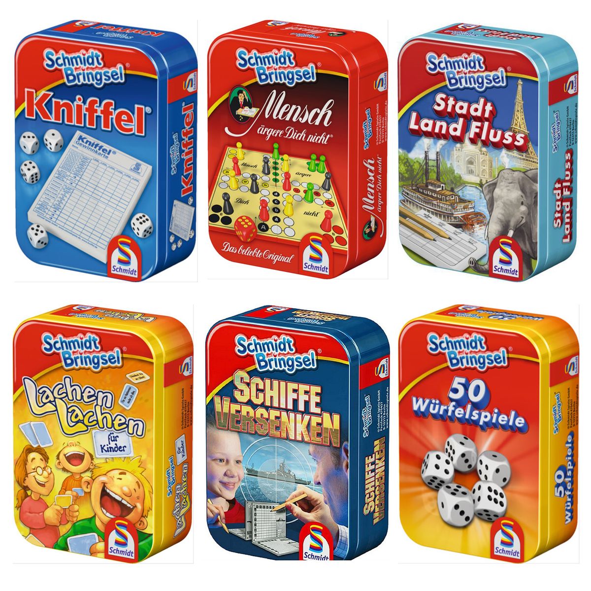 Schmidt 51055 BUNDLE sort. - Schmidt Bringsel - 6 verschiedene Mitbring-Spiele in Metallbox 