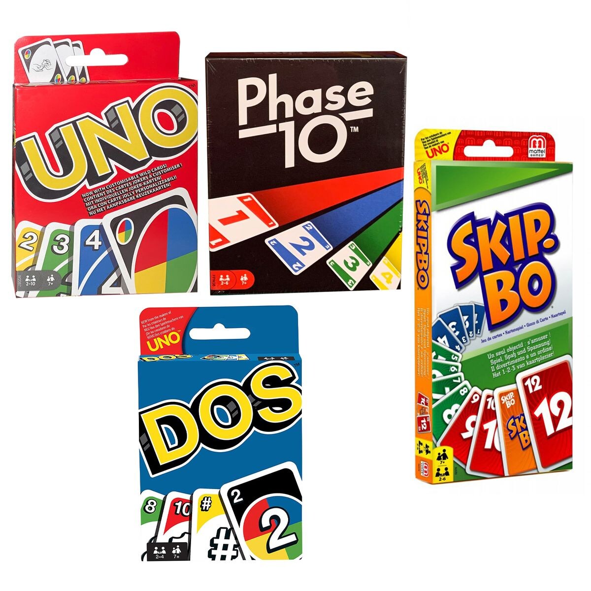 169882 - Mattel - 4er Set Kartenspiele: UNO, Skip Bo, Phase 10 und DOS