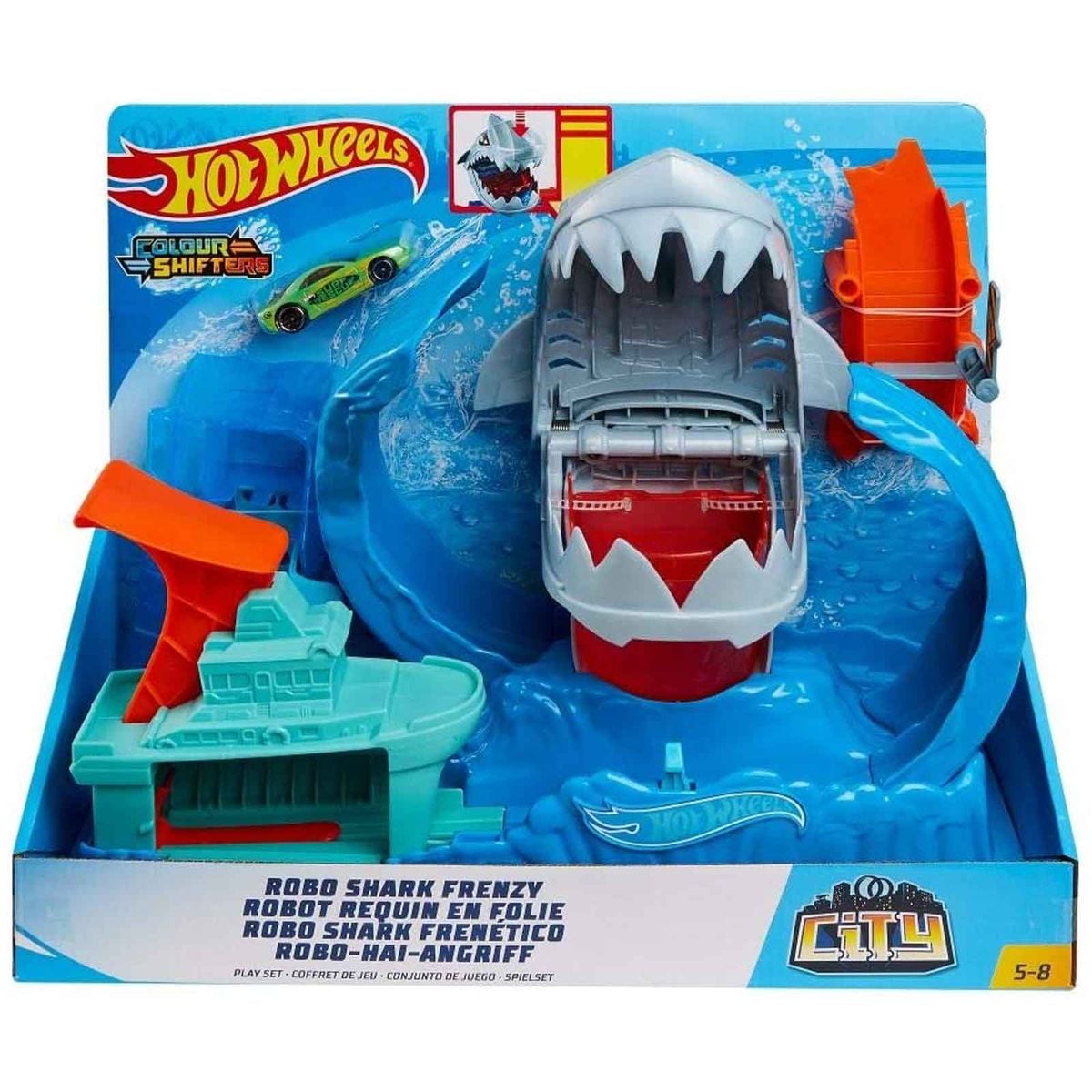 Mattel GJL12 - Hot Wheels - City - Color Shifters - Spielset mit einem Fahrzeug, Rennbahn, Robo-Hai-Angriff 