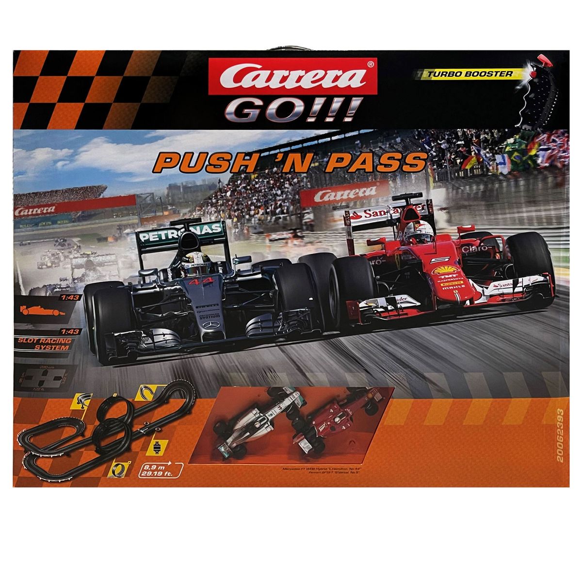 Stadlbauer 20062393 2.Wahl - Carrera GO!!! - Ferrari - Mercedes - Rennstrecke 8,9 Meter, Push 'n Pass, inkl. 2 Fahrzeugen, 1:43 