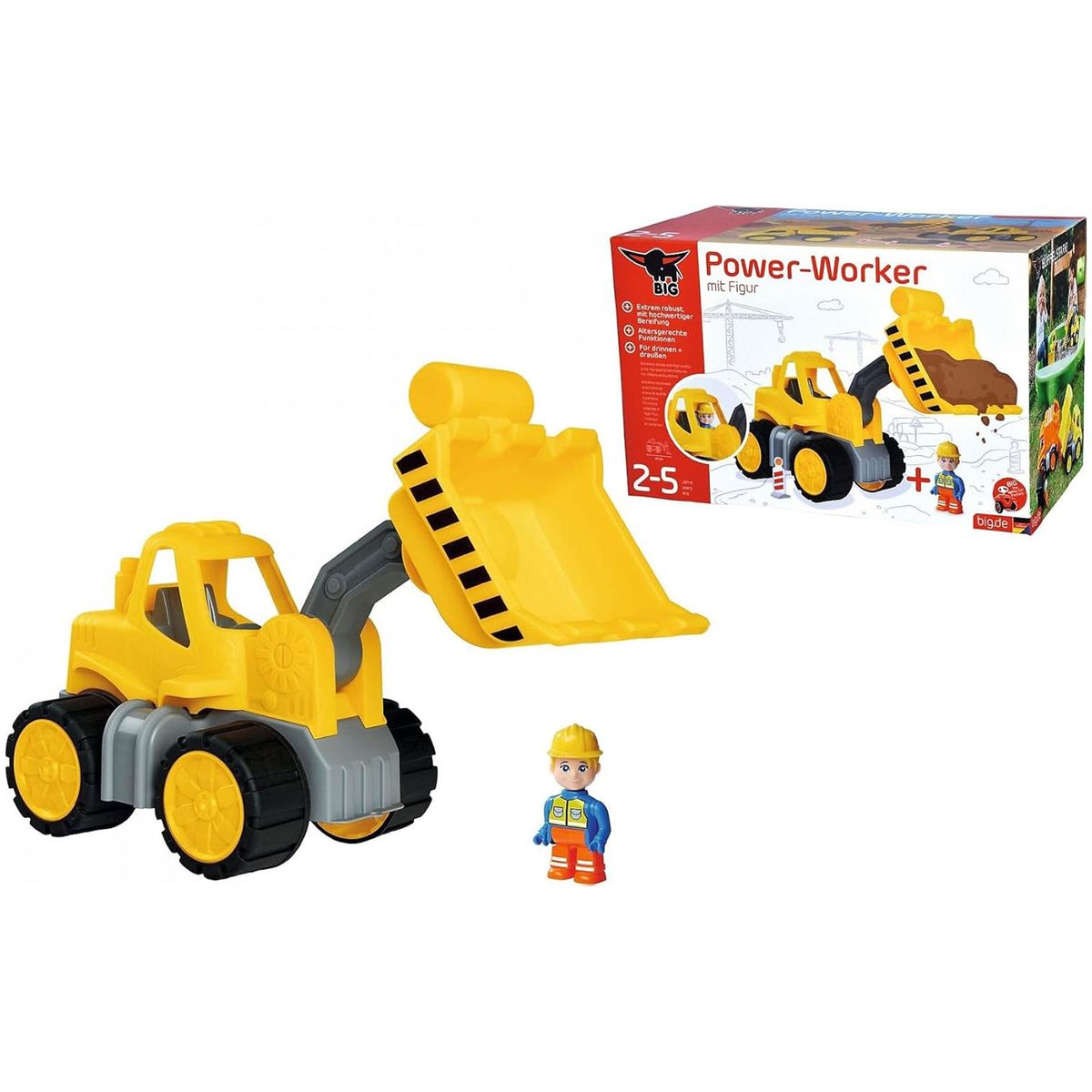 BIG 800054837 - Power-Worker - Midi Radlader mit Figur &ndash; Baustellenfahrzeug 47 cm, gro&szlig;e Schaufel 