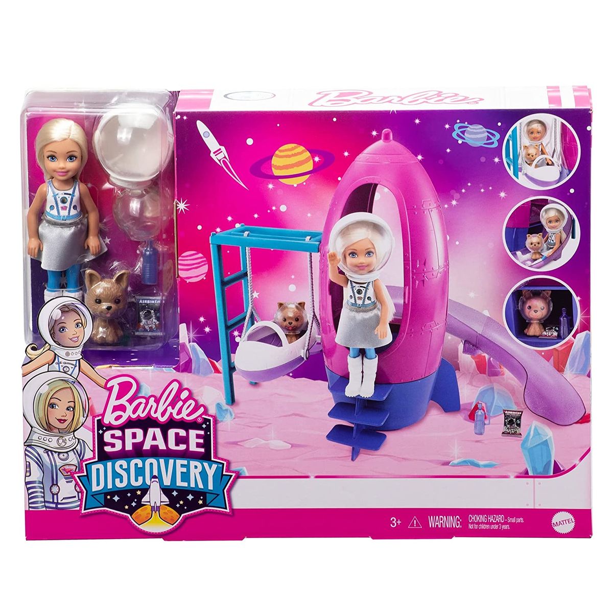 Mattel GTW32 - Barbie - Discovery Chelsea - Puppe & Rakete Spielset mit H&uuml;ndchen 