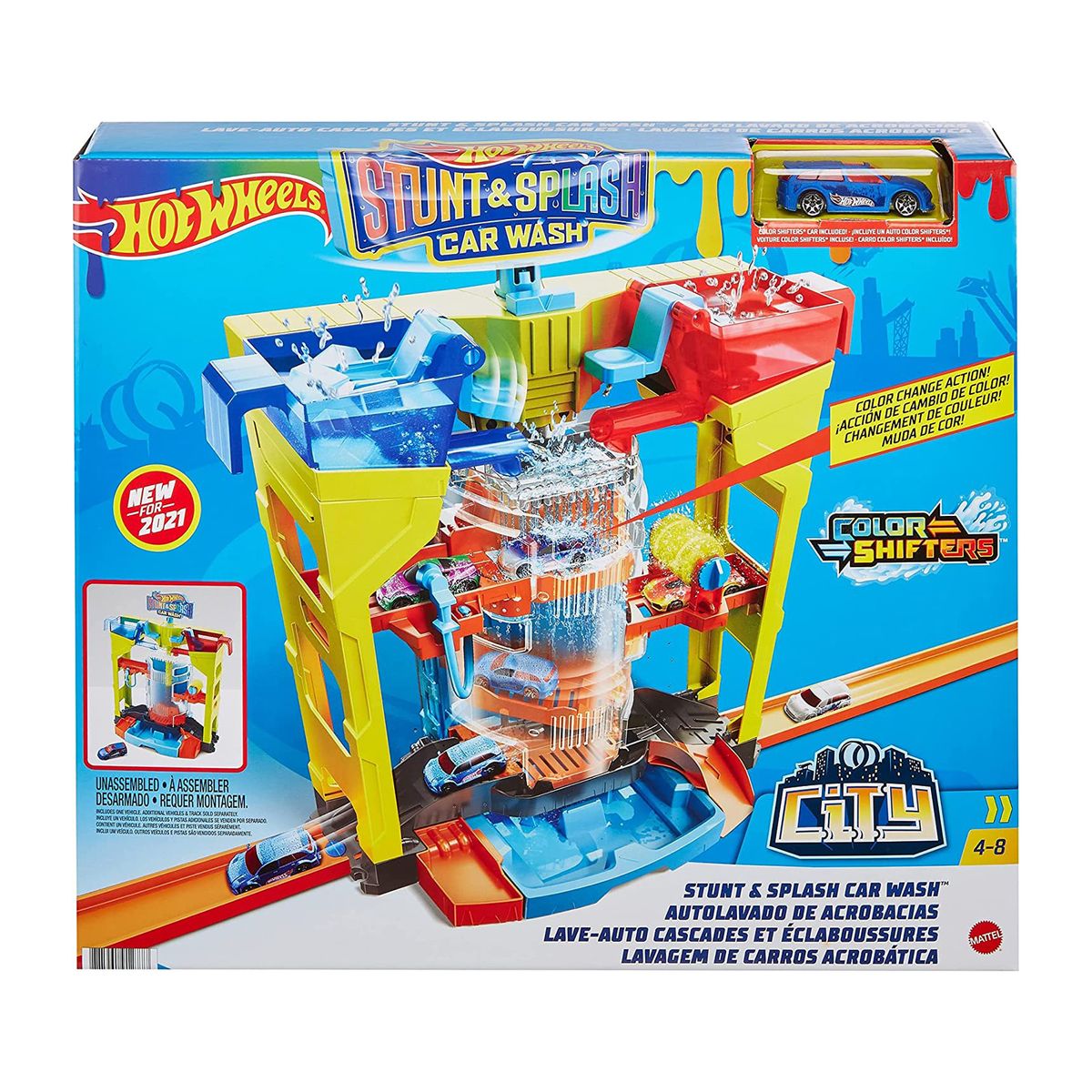 Mattel GRW37 - Hot Wheels - City - Stunt & Flash - Farbwechsel Autowaschanlage, Spielset mit einem Fahrzeug 