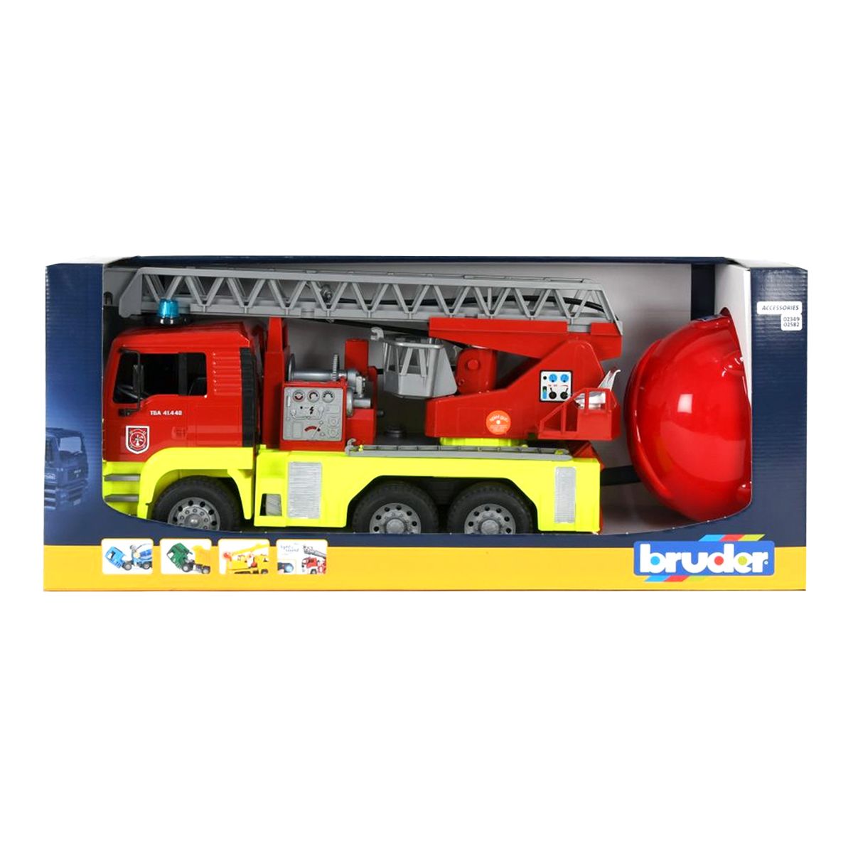 Bruder 01760 - MAN TGA - Feuerwehrauto mit Licht und Sound, Drehleiter und Kinder-Helm 