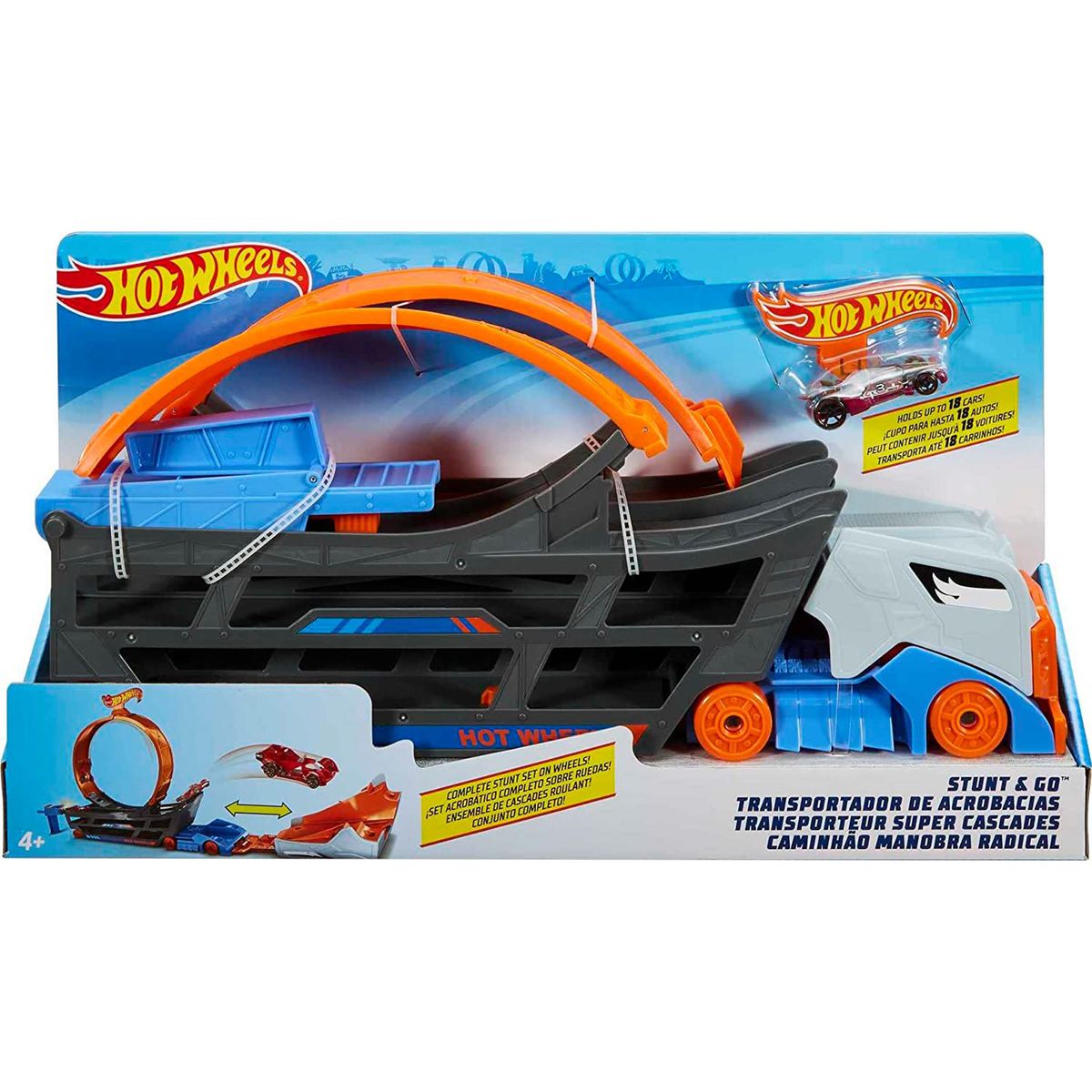 Mattel GCK38 - Hot Wheels - Stunt N Go Transporter und Trackset (1 zuf&auml;lliges Fahrzeug enthalten) 