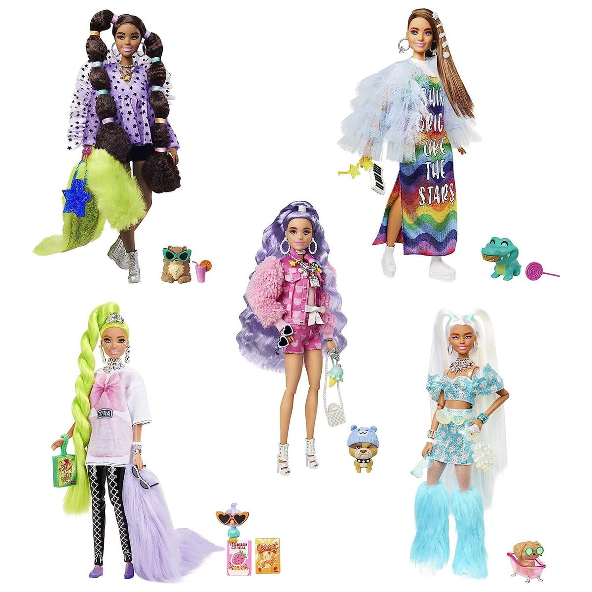 Mattel HHC58 - Barbie - Extra - Puppen mit Zubeh&ouml;r, Accessoires und Tieren, 5er Set 