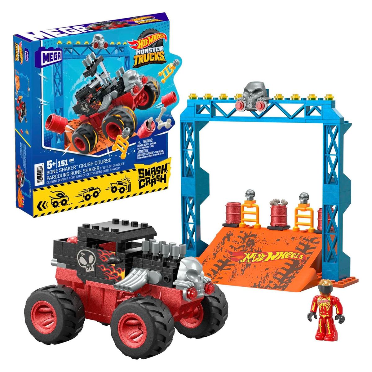Mattel HKF87 - Hot Wheels - Mega - Monster Trucks - Smash und Crash - Bone Shaker Bauset, 151 Teile 