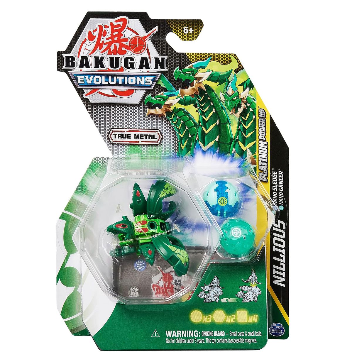 Spin Master 6063394 (20138086) - Bakugan Evolutions - Platinum Power Up - Nillious, Nano Sledge & Nano Lancer - True Metal 