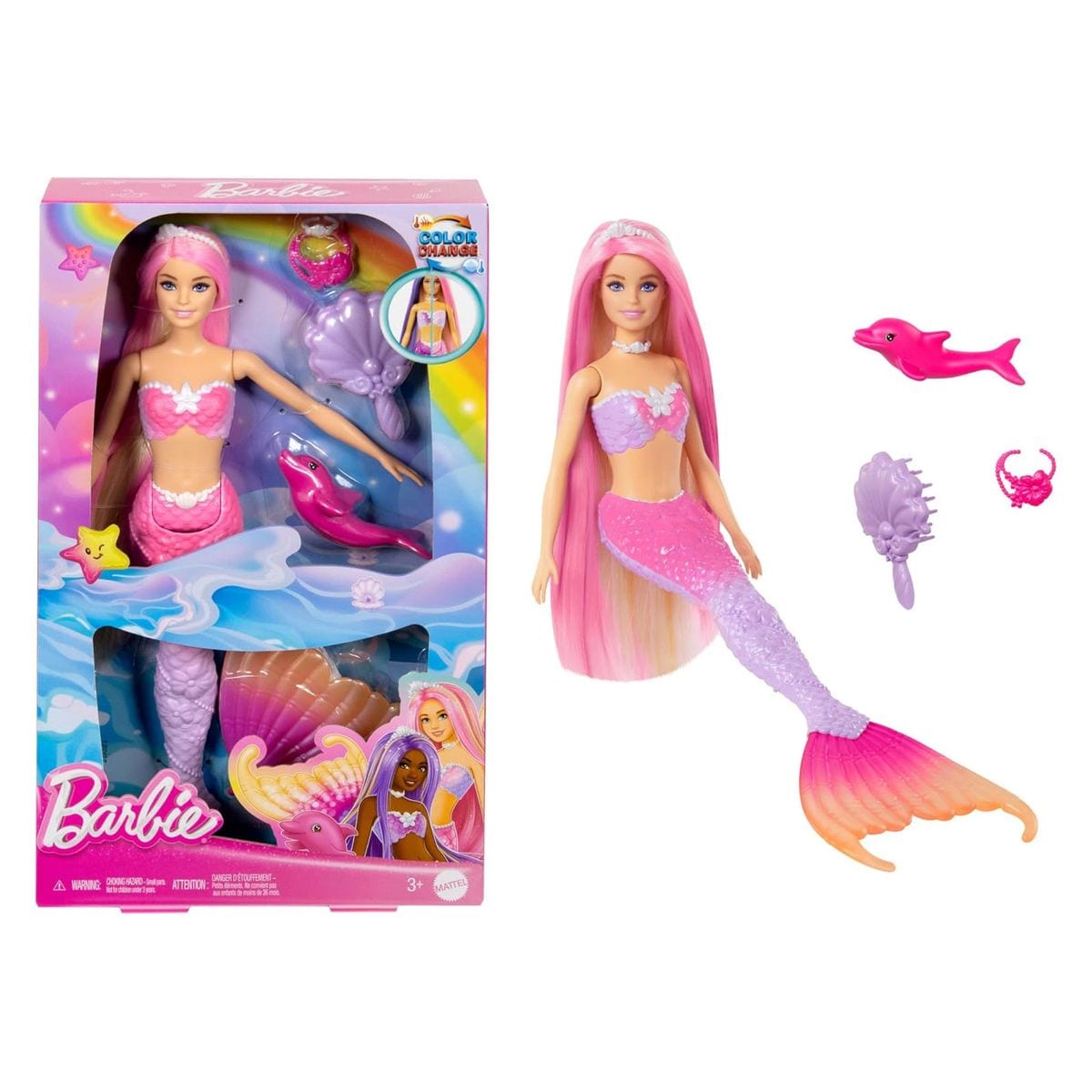 Mattel HRP97 - Barbie - Meerjungfrau Malibu &ndash; Farbwechseleffekt, Delfin & Accessoires 