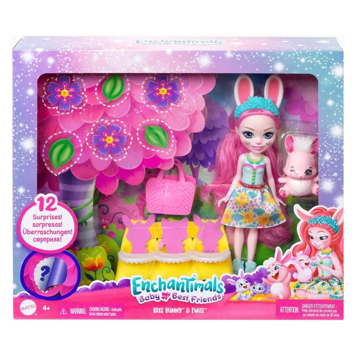 Mattel HLK85 - Enchantimals - Baby Best Friends - Puppe 12 cm mit Tierfreund und 12 &Uuml;berrachungen, Bree Bunny & Twist 