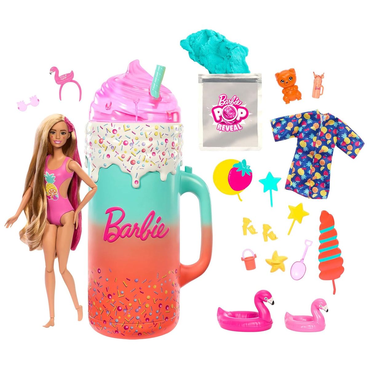 Mattel HRK57 - Barbie - Pop Reveal - Rise & Surprise Geschenkset, Puppe mit 15 &Uuml;berraschungen, Tropical Smoothie 