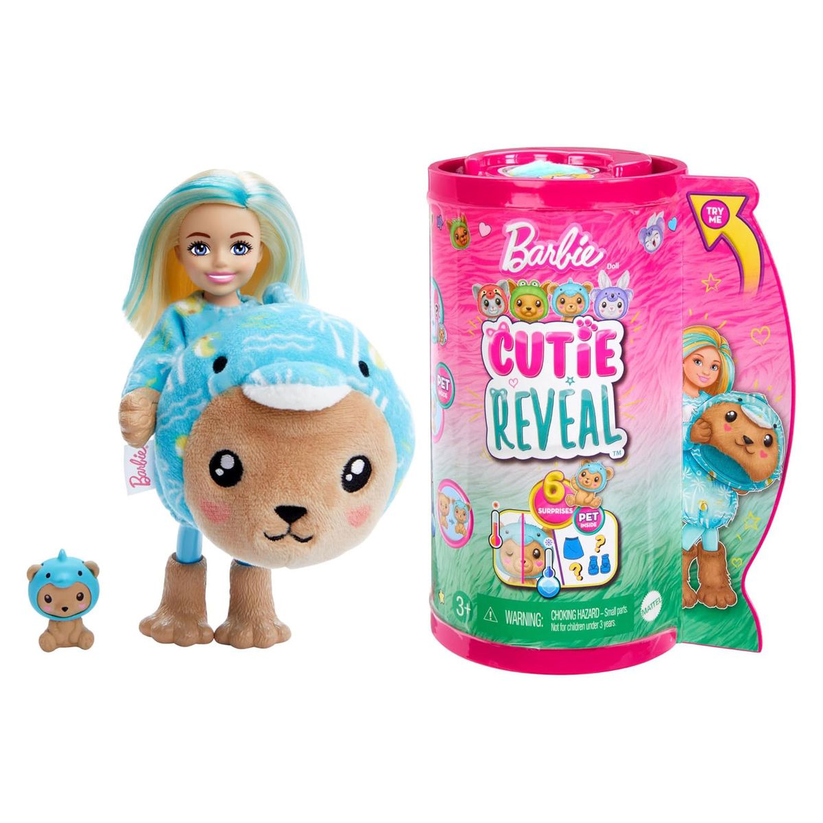 Mattel HRK30 - Barbie - Cutie Reveal - Chelsea- Puppe mit Tierkost&uuml;m und 6 &Uuml;berraschungen, Teddy und Delfin Serie 