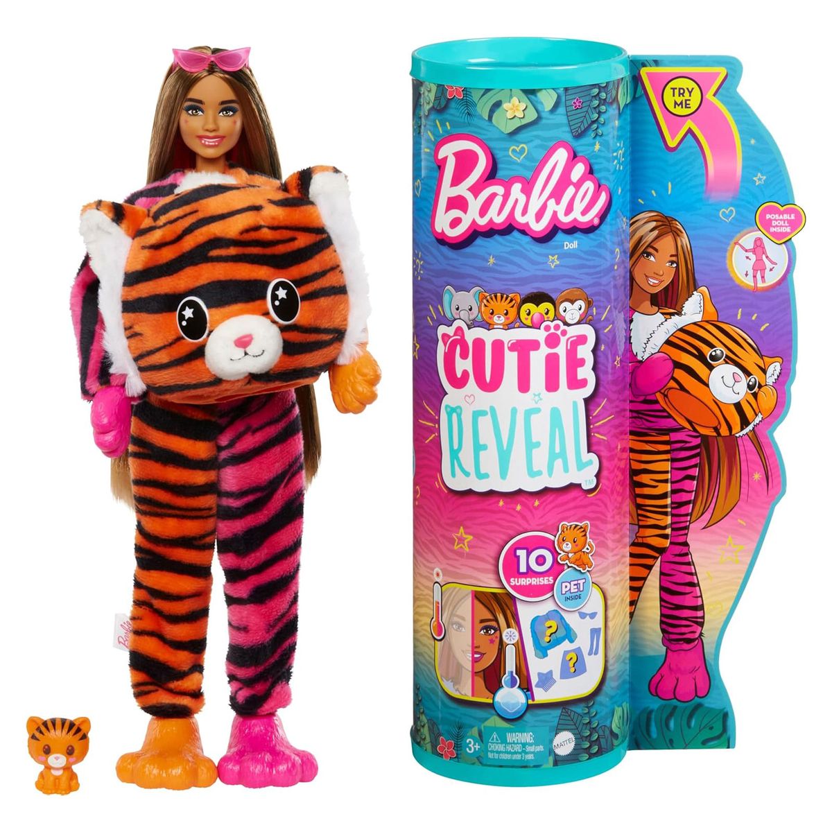 Mattel HKP99 - Barbie - Cutie Reveal - Puppe mit 10 &Uuml;berraschungen, Jungle Serie Tiger 