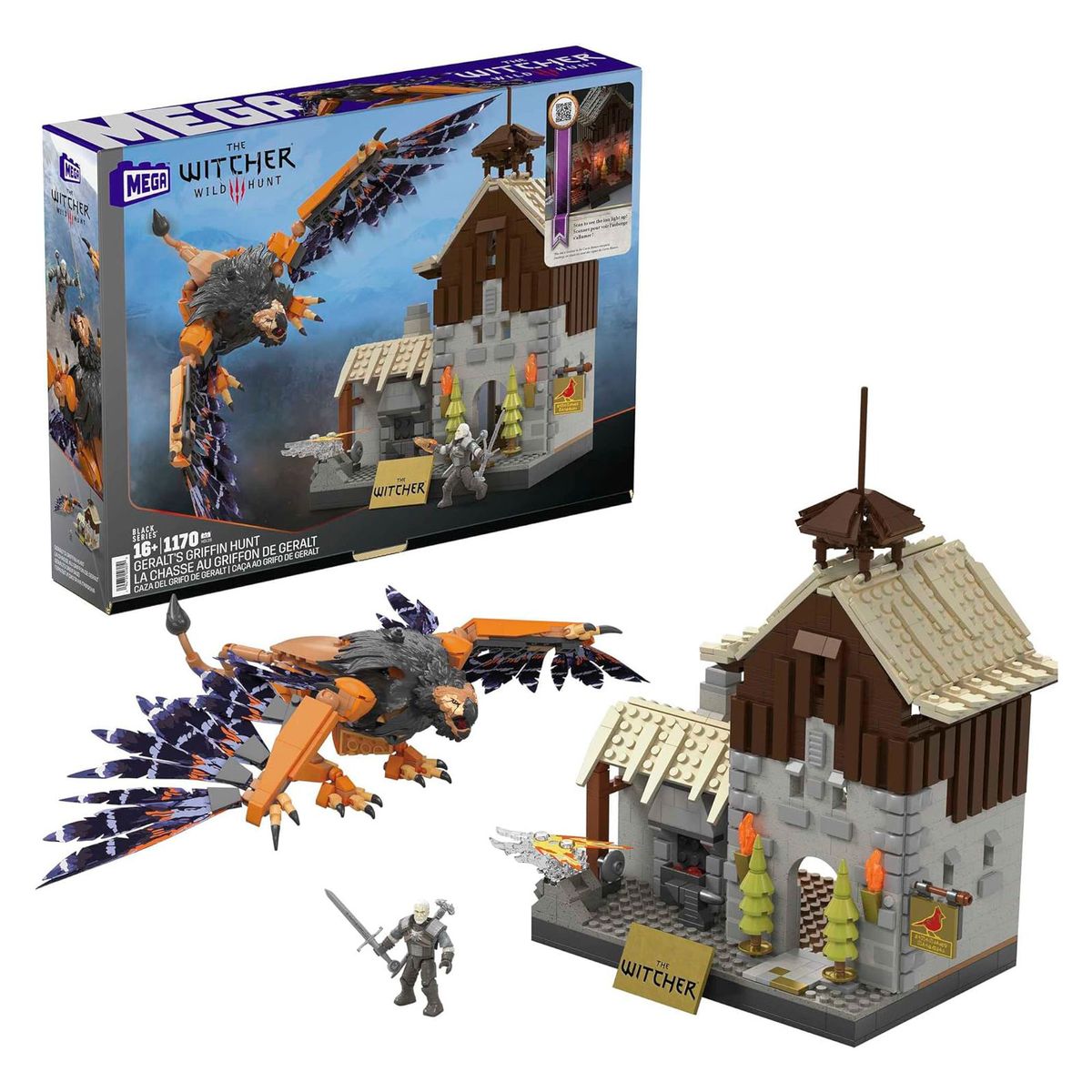 Mattel HDL28 - MEGA - The Witcher - Geralts Greifjagd Bauset mit LED-Lichtern, 1170 Teile 
