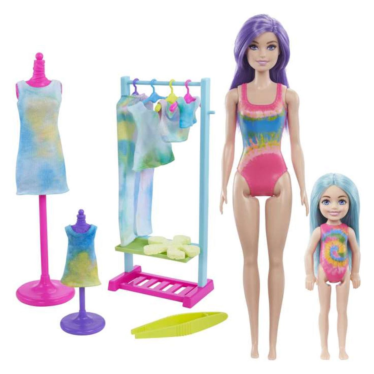 Mattel HCD29 - Barbie Chelsea - Color Reveal - Tie Dye Fahion Maker - F&auml;rbe-Set mit Barbie und Chelsea Puppe 