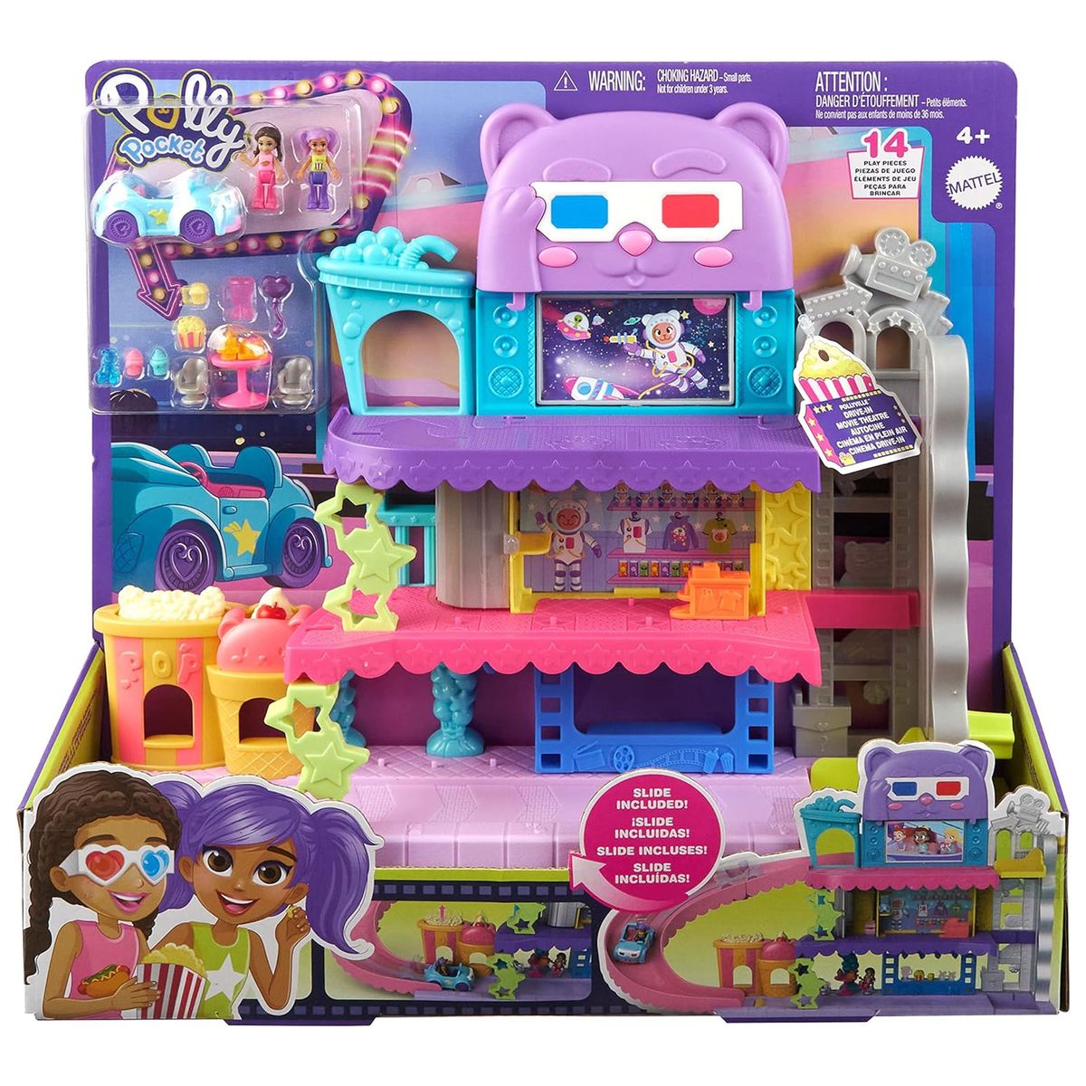 Mattel HNT86 - Polly Pocket - Drive-In Autokino auf zwei Ebenen mit Spielfiguren & weitere tolle Accessoires 