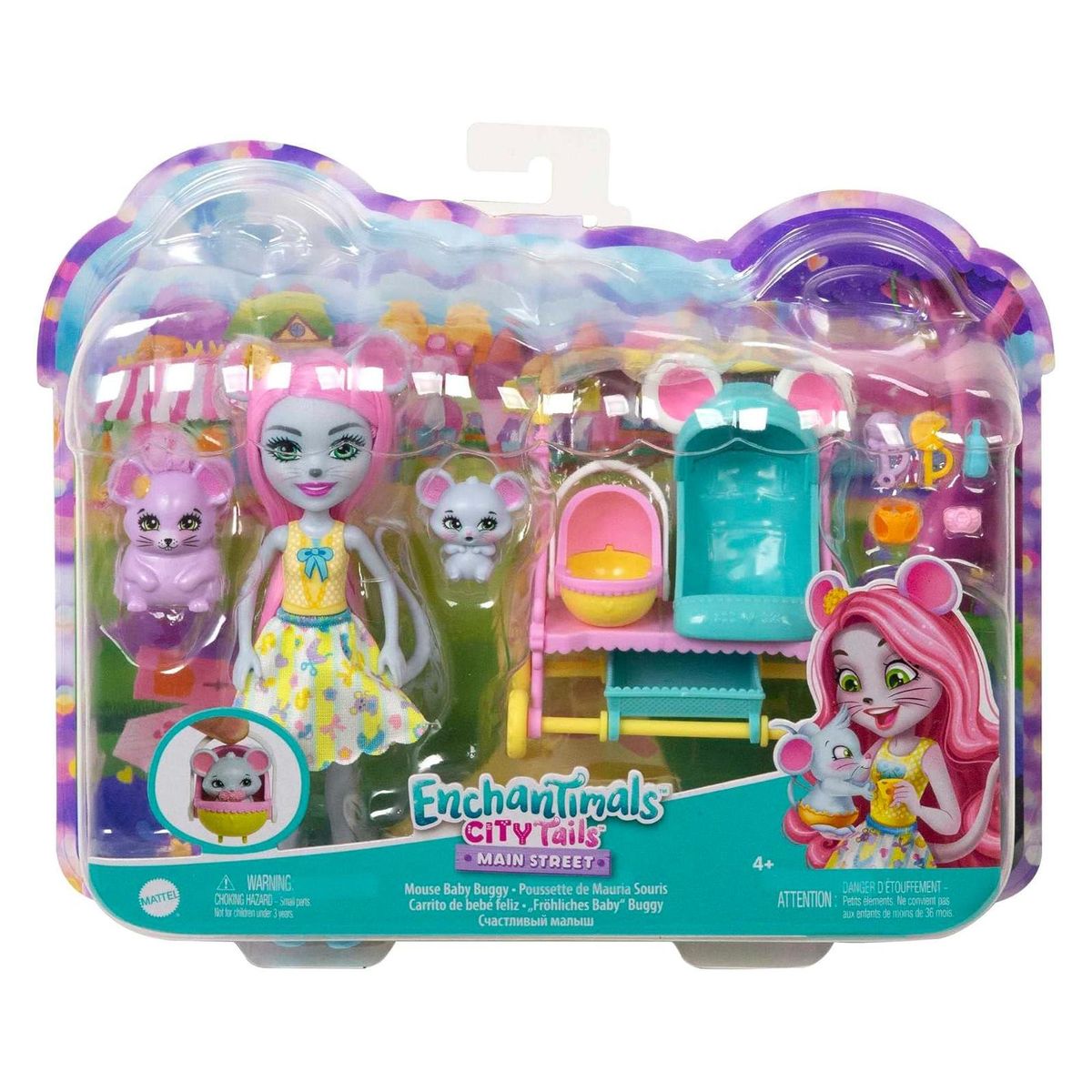 Mattel HKR57 - Enchantimals - City Tails - Spielset, Mausbaby Kinderwagen 