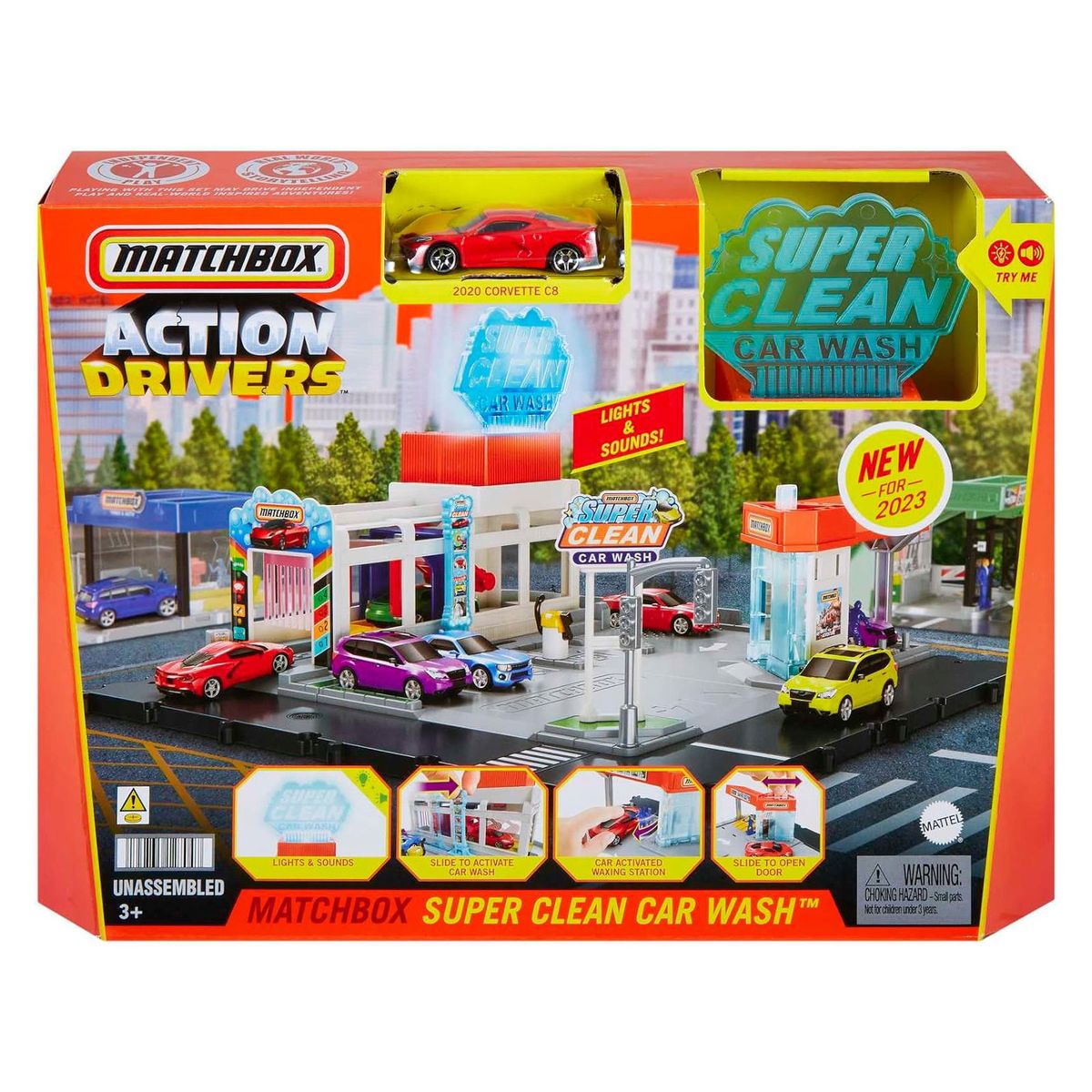 Mattel HNJ54 - Matchbox - Action Drivers - Spielset mit einem Fahrzeug, Super Clean Autowaschanlage 