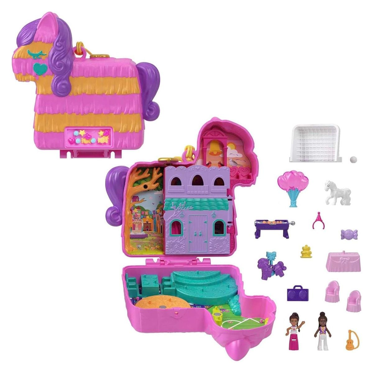 Mattel HKV32 - Polly Pocket - Pi&ntilde;ata-Party Schatulle, Pferde-Pi&ntilde;ata, Glitzerfenster, 2 Puppen, 5 Spielelemente, 13 Accessoires 