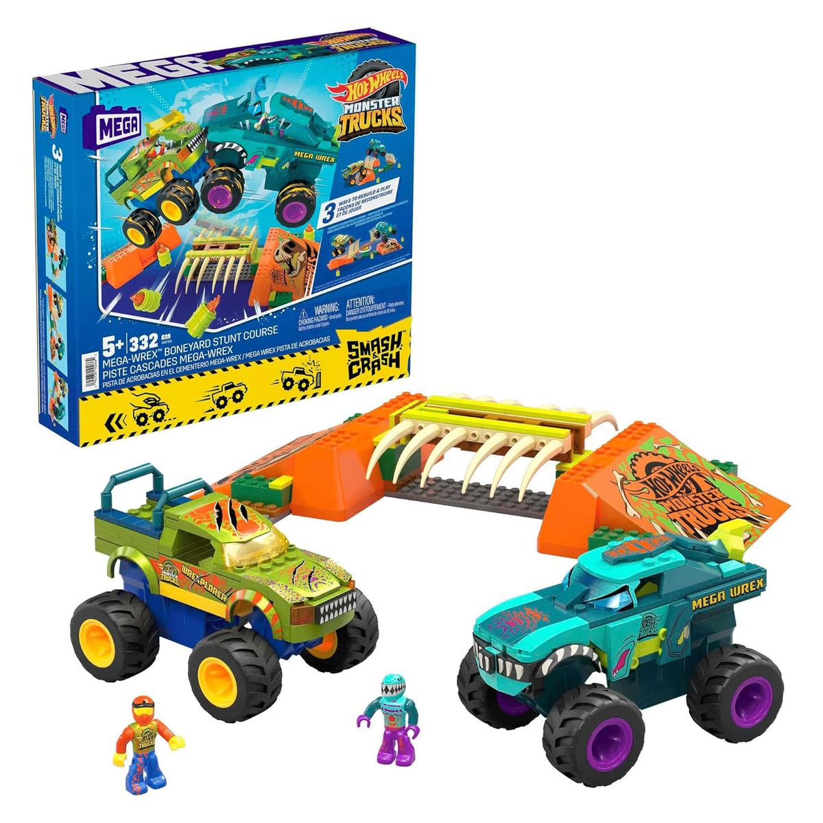 Mattel HKF89 - Hot Wheels - Mega - Monster Trucks - Smash & Crash - Bauset, 332 Teile, Crash Wrex Boneyard Stuntpacours 