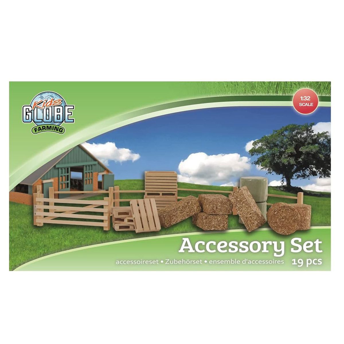 Kids Globe 610253 - Farming Zubeh&ouml;r Set &ndash; 19-tlg. aus Holz, Ma&szlig;stab 1:32 &ndash; Z&auml;une, Heuballen, Kartoffelkisten & Paletten 