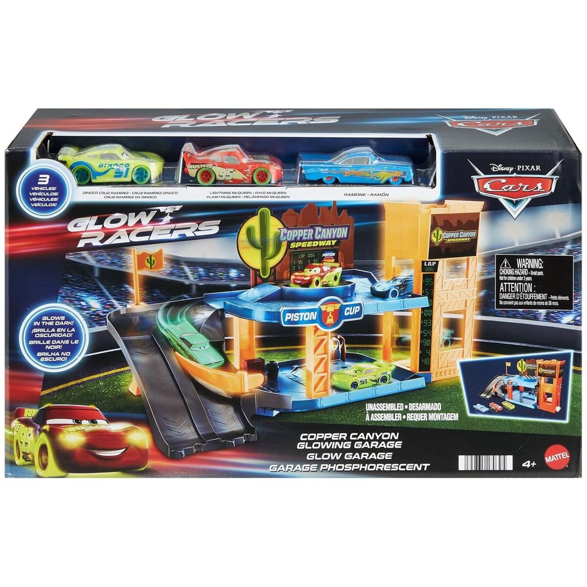HPX75 - Disney Pixar Cars - Copper Canyon Leuchtende Garage Spielset – Rennspaß im Dunkeln!