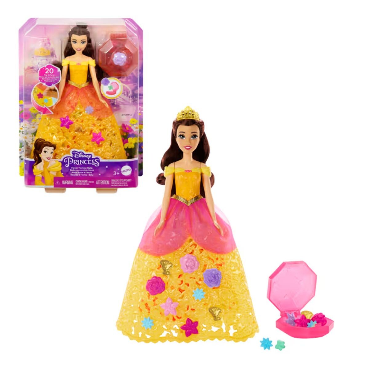 HWB41 - Disney Princess - Belle Puppe mit Charms, Flower Fashion