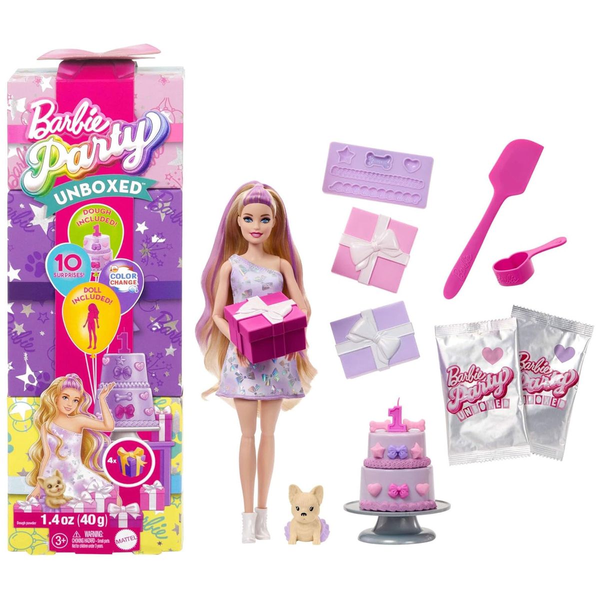 Mattel JFG70 - Barbie - Party Unboxed - Puppe und Accessoires, Haustier Geburtstag Serie 
