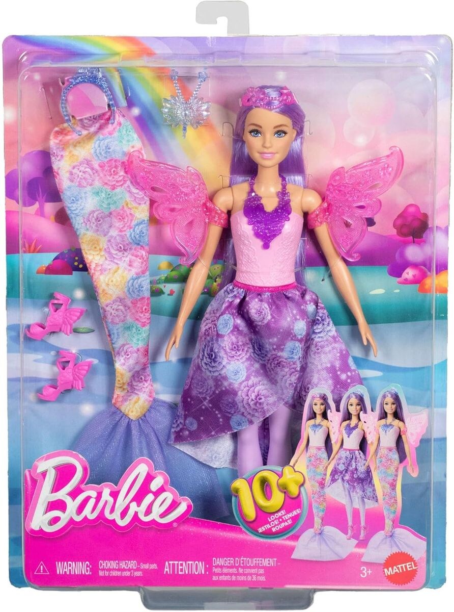 JCP74 - Barbie - 3-in-1 Puppen-Set: Meerjungfrau-, Feen- & Prinzesinnen-Looks, 8 teiliges Outfit-Set