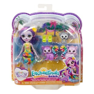 Mattel HRX86 - Enchantimals - Sunshine Beach - Puppe mit Zubehör und Tierfreund, Lorinda Lemur Familie 
