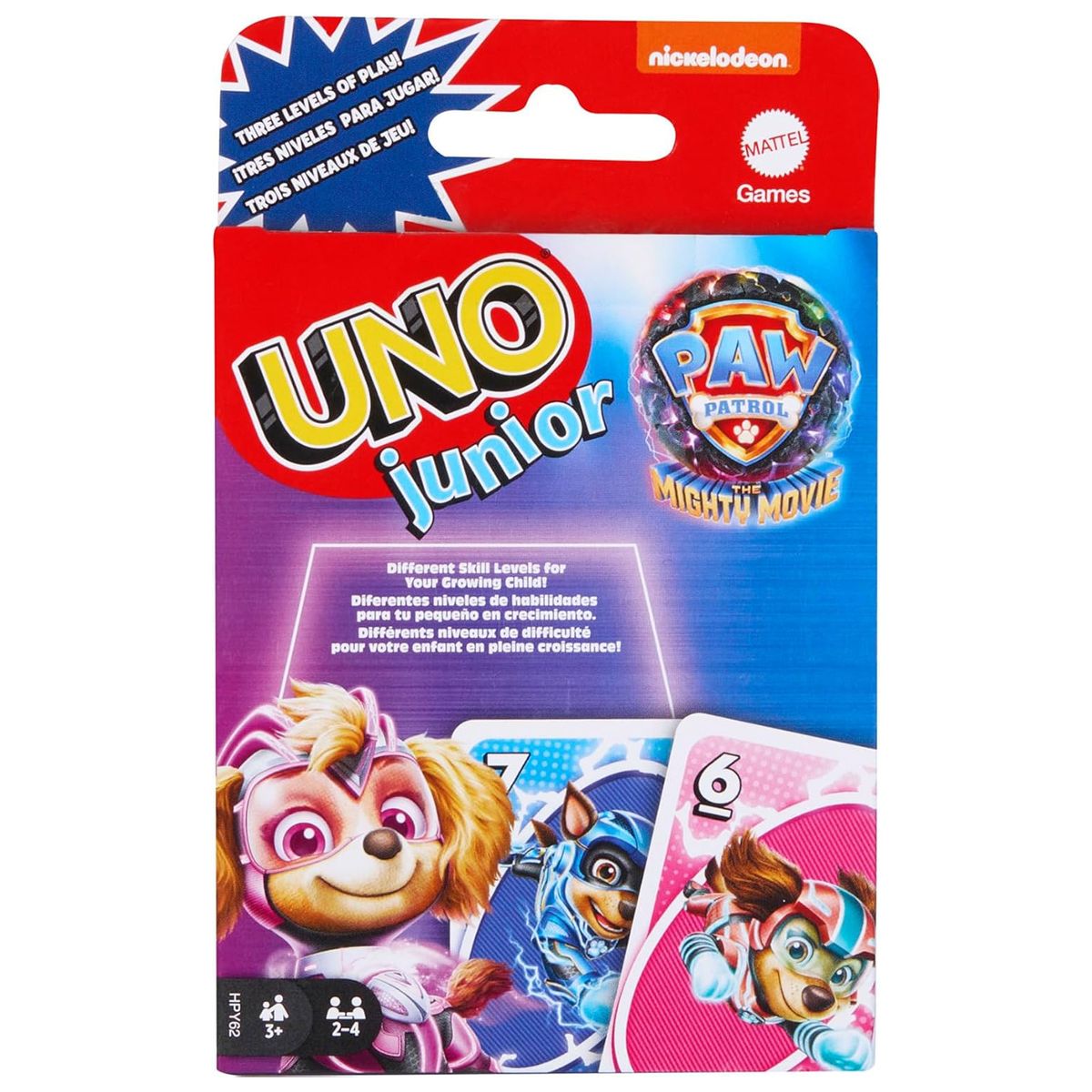 Mattel HPY62 - Mattel Games - Paw Patrol - UNO junior trifft auf "The Mighty Movie", Kartenspiel 