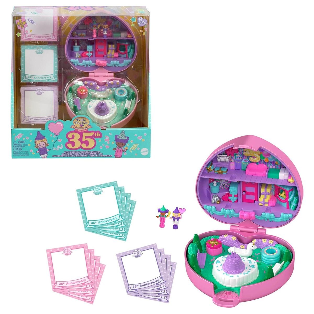 HWP20 - Polly Pocket - 35 Jahre Jubiläum – Partytime Stamper Compact Remake (1992) – Sammleredition mit Spielset, 2 Figuren uvm.