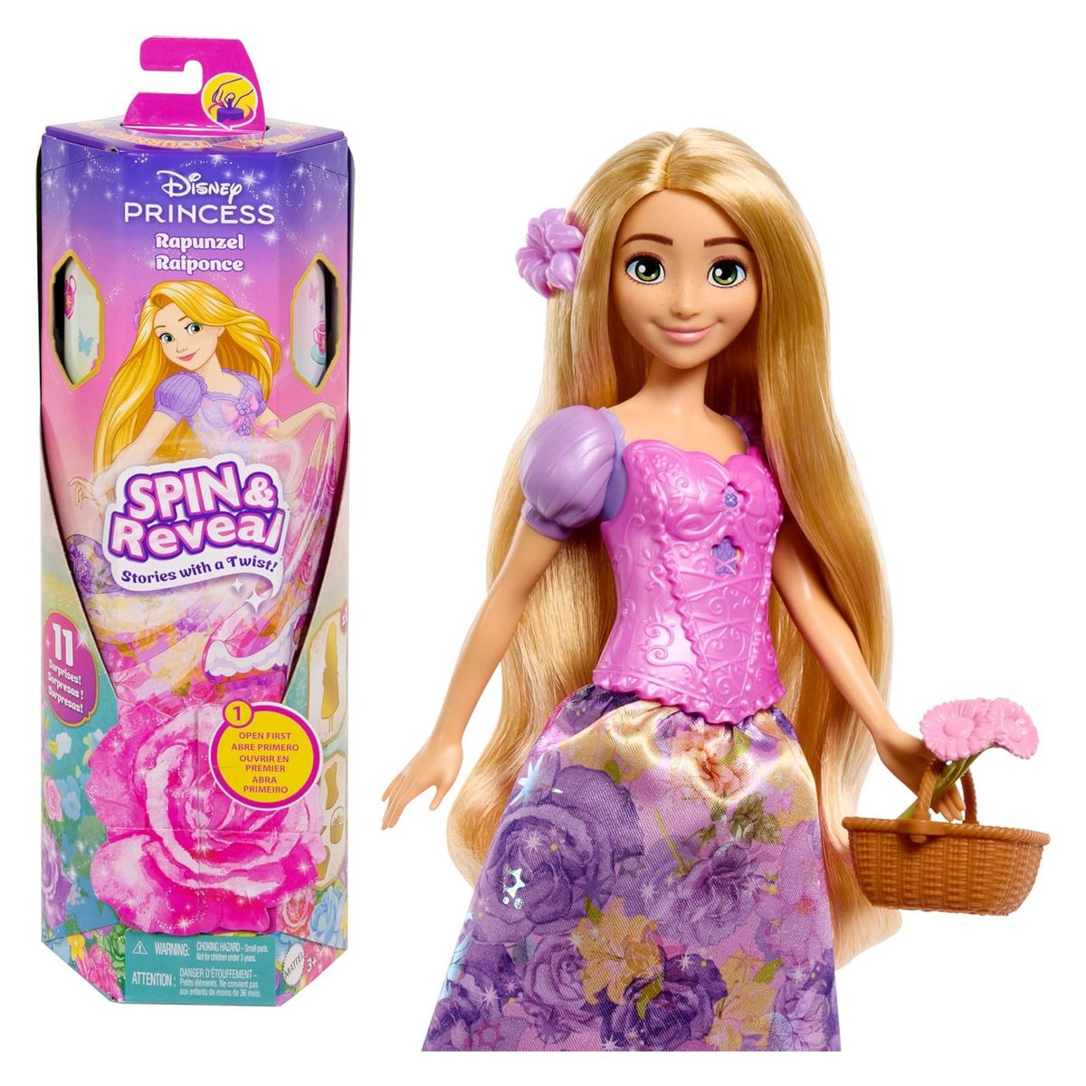 Mattel HTV86 - Disney Princess - Spin & Reveal - Rapunzel Puppe mit 11 &Uuml;berraschungen, darunter 5 Accessoires, 5 Sticker 