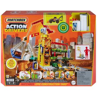 Mattel HPD63 - Matchbox - Action Drivers - Baustellen-Set mit Licht & Sound mit Mega-Kran, Bagger und mehr 