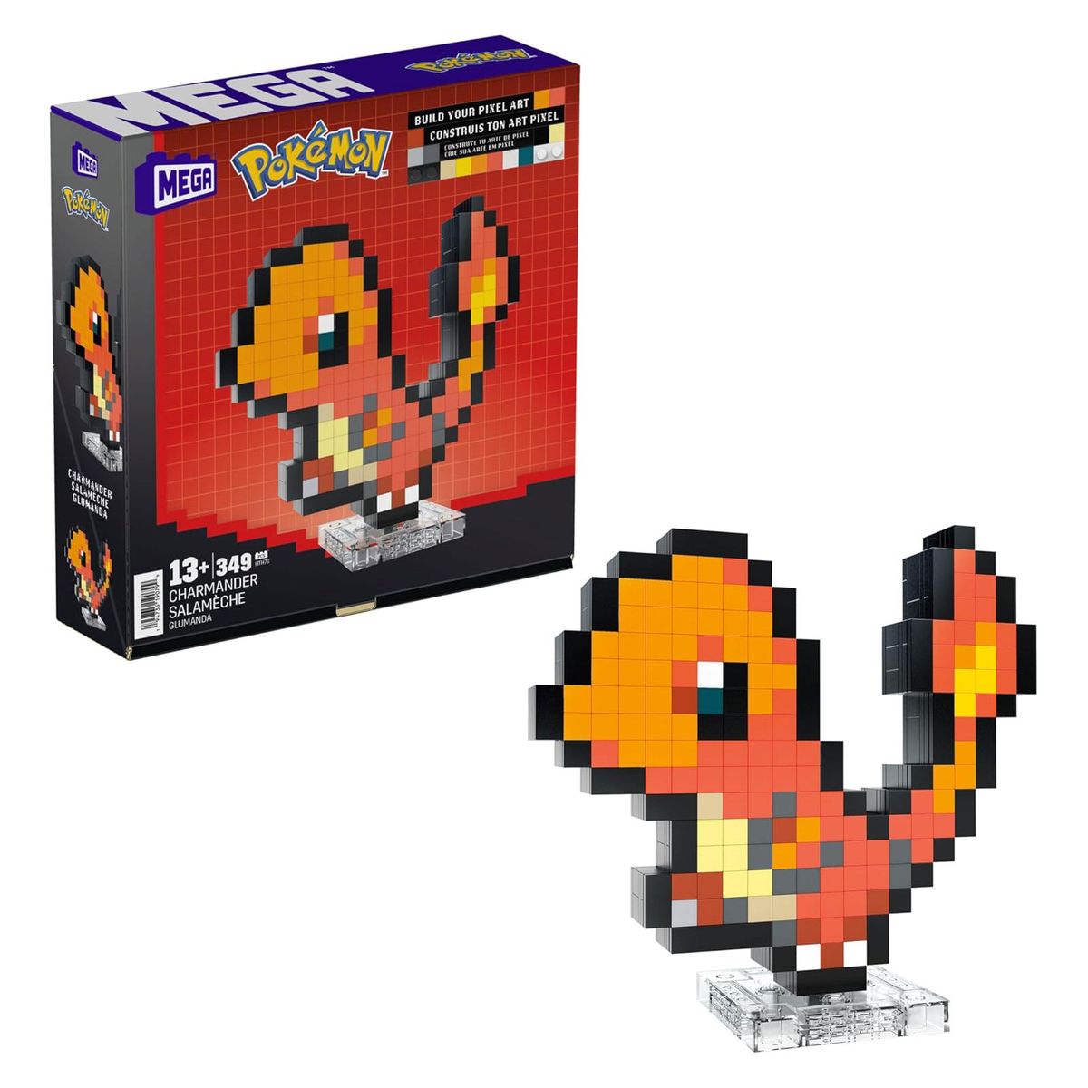 Mattel HTH76 - MEGA - Pok&eacute;mon - Glumander Pixel Art Bauset &ndash; 349 Teile &ndash; Retro-Sammelfigur zum Bauen & Ausstellen 