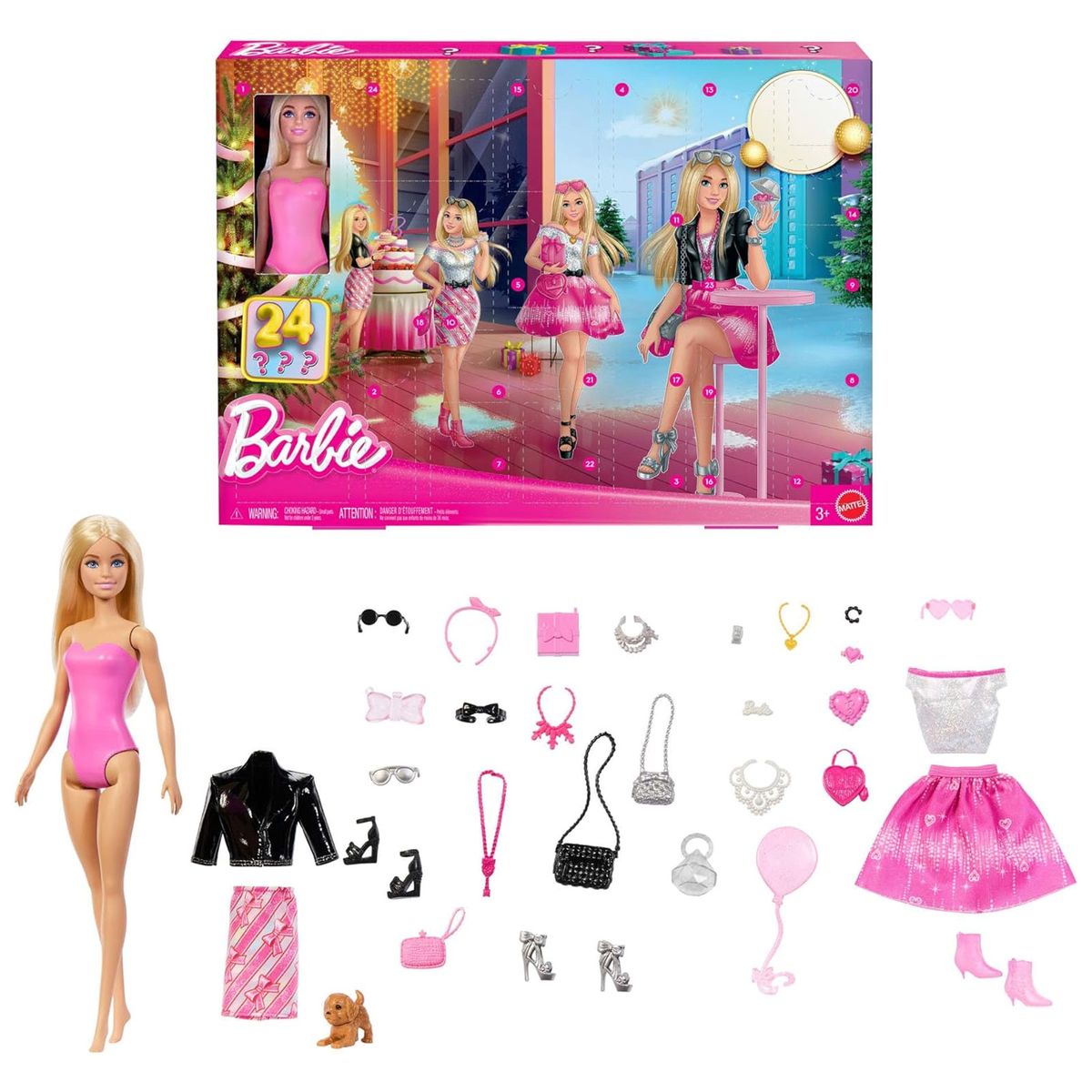 Mattel JFL63 - Barbie - Modepuppe Adventskalender mit 24 &Uuml;berraschungen &ndash; Kleidungsst&uuml;cke, Accessoires & H&uuml;ndchen 