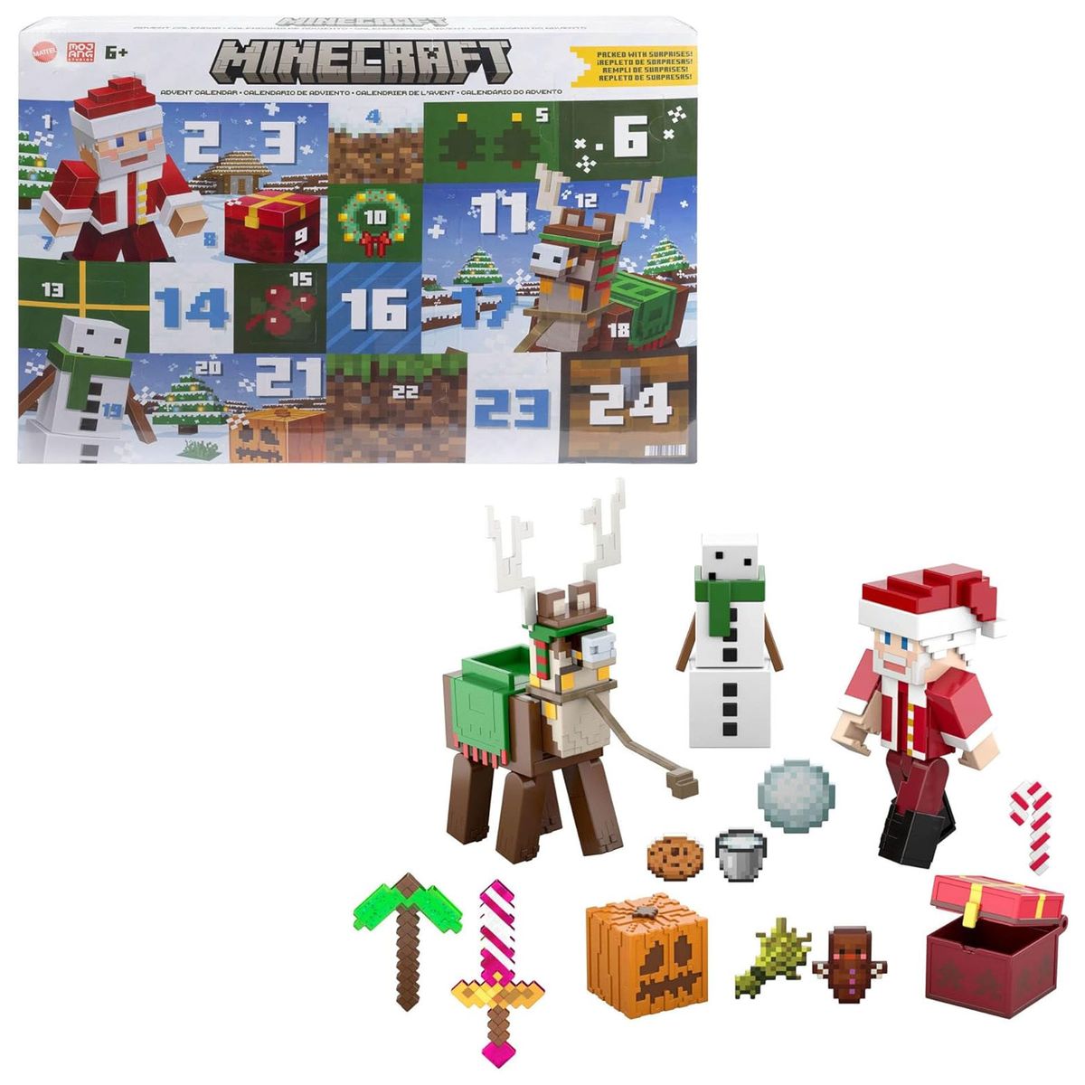 Mattel HXM86 - Minecraft - Adventskalender mit 24 &Uuml;berraschungen - 3 Actionfiguren (ca. 8 cm), 17 Zubeh&ouml;rteile & 4 Aufkleber 